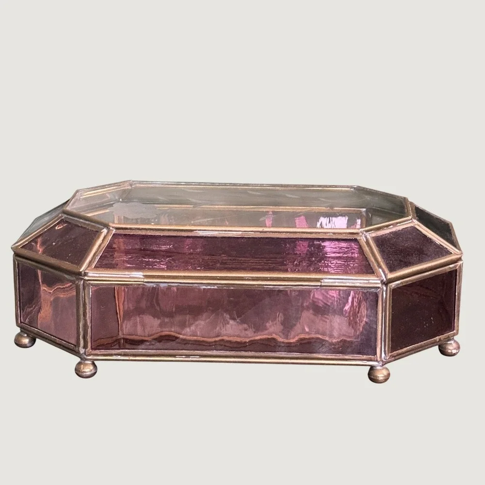 Vintage Purple Glass Jewelry Trinket Box Octagon Brass Etched Floral Lid